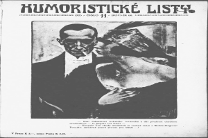 Schwarzes und weißes Magazin-Cover mit der Überschrift "Humoristische Liste", das einen Mann im Anzug mit ernster Miene und eine Frau zeigt, die mit einem leichten Grinsen wegsieht.