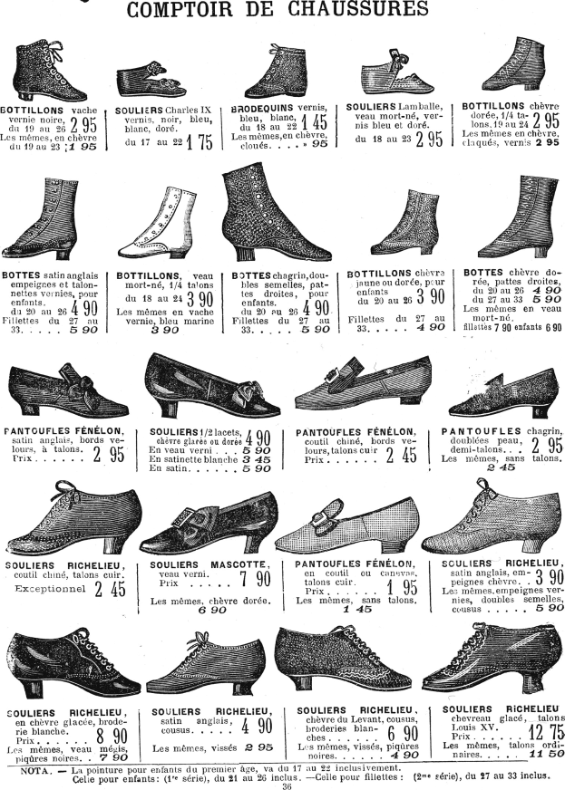 Ein Bild aus einem Buch, das verschiedene Damenschuhe mit einzigartigen Designs, Mustern, Farben und Preisschildern zeigt, ordentlich mit begleitenden Informationen zu Größe und Form angeordnet.