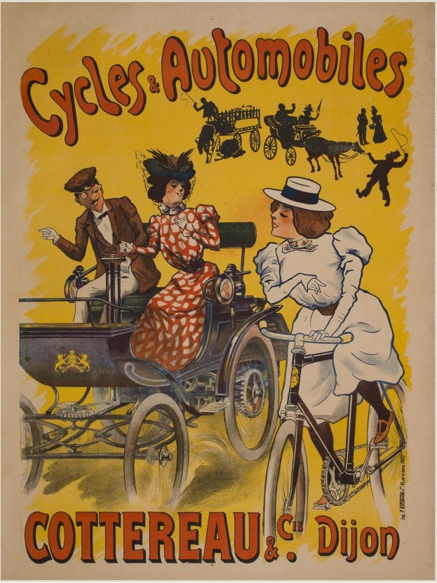 Plakat Ankündigung von Fahrrädern und Automobilen in Cottereau und Dijon, Frankreich, mit Menschen auf Fahrrädern und einer Kutsche, sowie dem Text "Fahrräder und Automobile" oben.