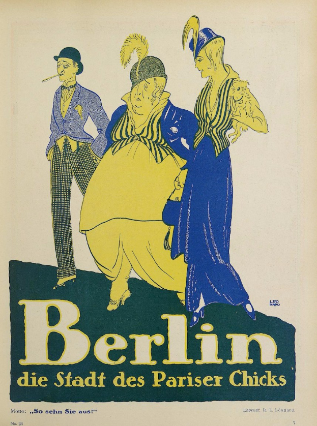 Plakat für ein Berliner Konzert namens "Berlin - Die Stadt des Pariser Chicks", das eine Gruppe farbenfroher Menschen vor einem Gebäude zeigt.