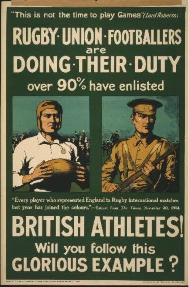 Plakat mit zwei Rugbyspielern in Militäruniform mit Text über britische Athleten, die während des Krieges in die Armee eintreten.