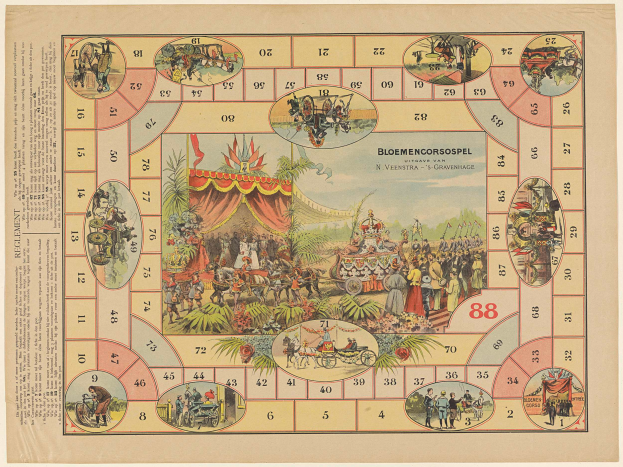 Ein Brettspiel mit einem Zirkus-Thema, das Zahlen, Illustrationen von Menschen, Tieren, Pflanzen, Bäumen und anderen Gegenständen sowie Text enthält.