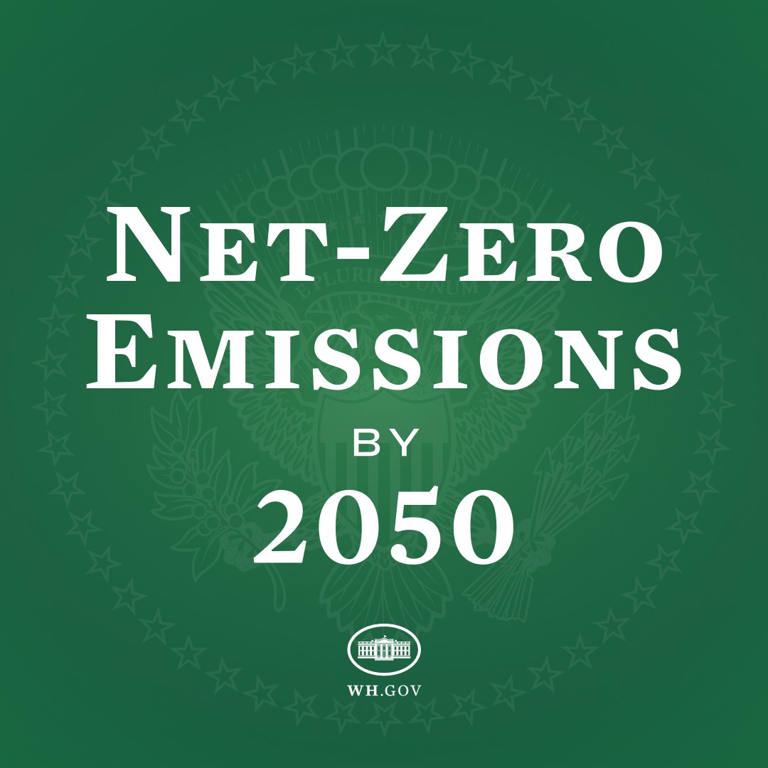 Weißer Text auf grünem Hintergrund, der "net-zero emissions by 2050" in fetter Schrift enthält.