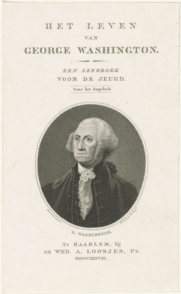 Porträt von George Washington auf Papier mit Text, frontal mit ernstem Gesichtsausdruck, trägt Anzug und Krawatte.
