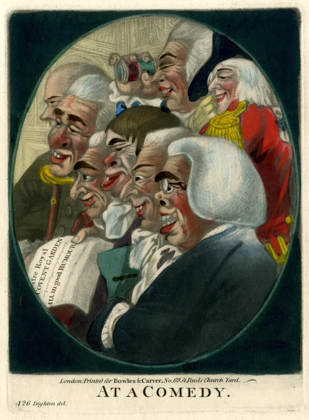 Gruppe von Menschen in einem Kreis lachend, einer hält ein Papier, mit "Bei einer Comedy"-Text unten.