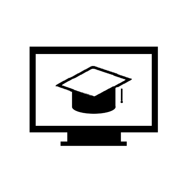 Ein Computerbildschirm mit einem schwarzen und weißen Mützensymbol, das die Online-Bildung darstellt.