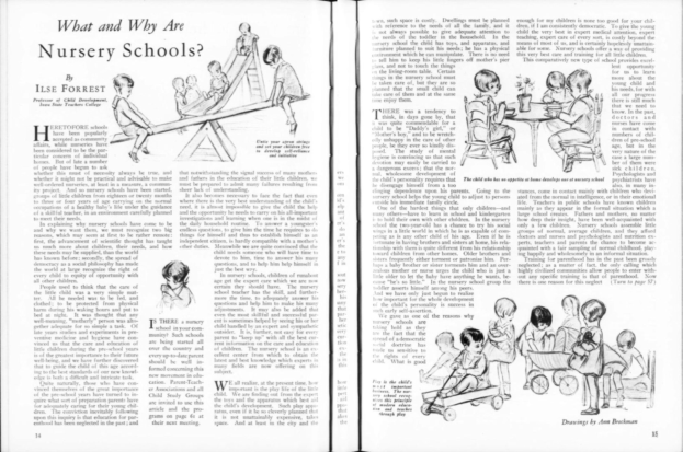 Offenes Buch mit einer Zeichnung von Kindern, die in einer Kita spielen, mit Text, Bildern und einer Tabelle mit Gegenständen.