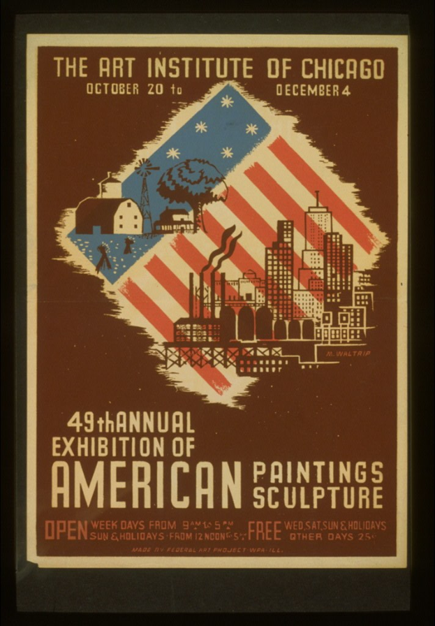 Plakat für die 49. Jahresausstellung des Art Institute of Chicago für amerikanische Malerei und Skulptur mit Texten und Bildern zum Ereignis.