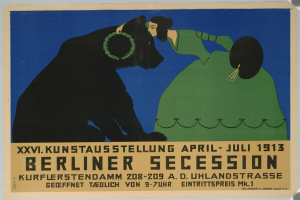 Plakat für die Berliner Secession 1913, das eine Frau und einen Hund mit Text zeigt.