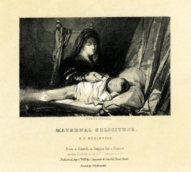 Eine Frau in einem weißen Kleid sitzt auf einem Bett und hält ein Baby an ihre Brust, beide mit friedlichen Gesichtern, mit dem Text "Maternaler Solit" von R.P. Bonington" unten.