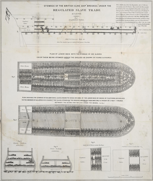 Ein detailliertes Bild des britischen Sklavenschiffs Brooks, das den Stowage-Plan mit zahlreichen Menschen zeigt, begleitet von Text, der einen Überblick über den regulierten Sklavenhandel gibt.
