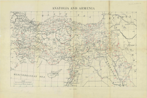 Detailierte Karte von Anatolien und Armenien auf Papier mit umliegenden geografischen Merkmalen und begleitendem Text.