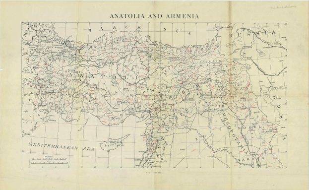 Detailierte Karte von Anatolien und Armenien auf Papier mit umliegenden geografischen Merkmalen und begleitendem Text.