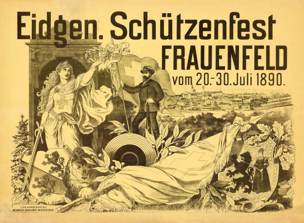 Alter Plakatentwurf für das Eidgen Schützenfest in Frauenfeld, Deutschland, der einen Mann in einem Anzug und eine Frau in einem Kleid zeigt, die nebeneinander stehen, mit Veranstaltungstexten.