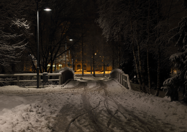 Ein verschneiter Weg in einem Park bei Nacht, beleuchtet von Stra├čenlaternen, mit Gel├Ąndern, B├Ąumen, fernen Geb├Ąuden und Fahrzeugen, der eine friedliche Atmosphäre schafft.