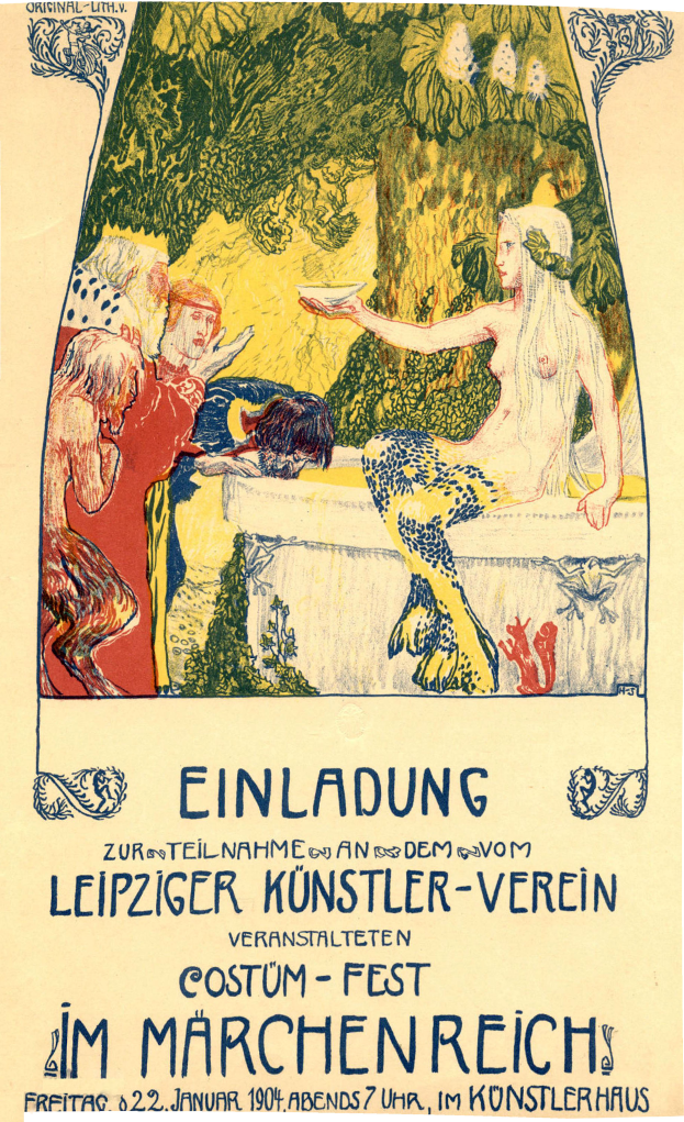Ein Plakat, das ein Festival in M├╝nchen, Deutschland, ank├╝ndigt und ein Bild einer Frau mit menschlichem Gesicht zeigt, umgeben von anderen Menschen und B├Ąumen, mit Text darauf.