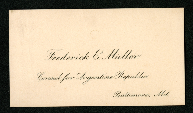 Eine schwarze und weiße Visitenkarte mit dem Text "Frederick E. Miller Consult for Argentine Republic."