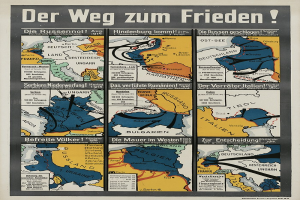 Plakat mit der Aufschrift "Der Weg zum Frieden" zeigt eine bunte Deutschlandkarte mit verschiedenen Symbolen.