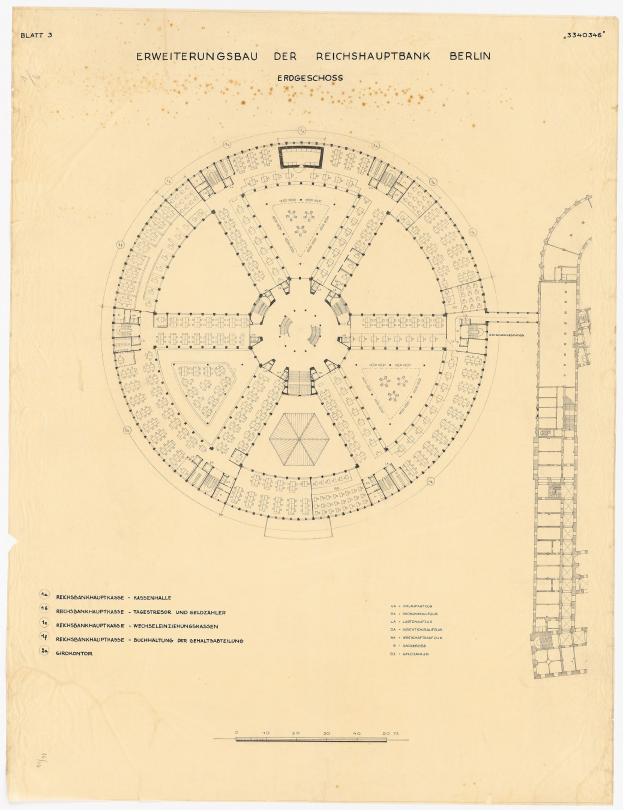 Ein detailliertes architektonisches Zeichnung des kreisförmigen Reichshauptbank-Gebäudes in Berlin, Deutschland, mit zahlreichen Fenstern und einem Layout-Plan auf Papier mit begleitendem Text.