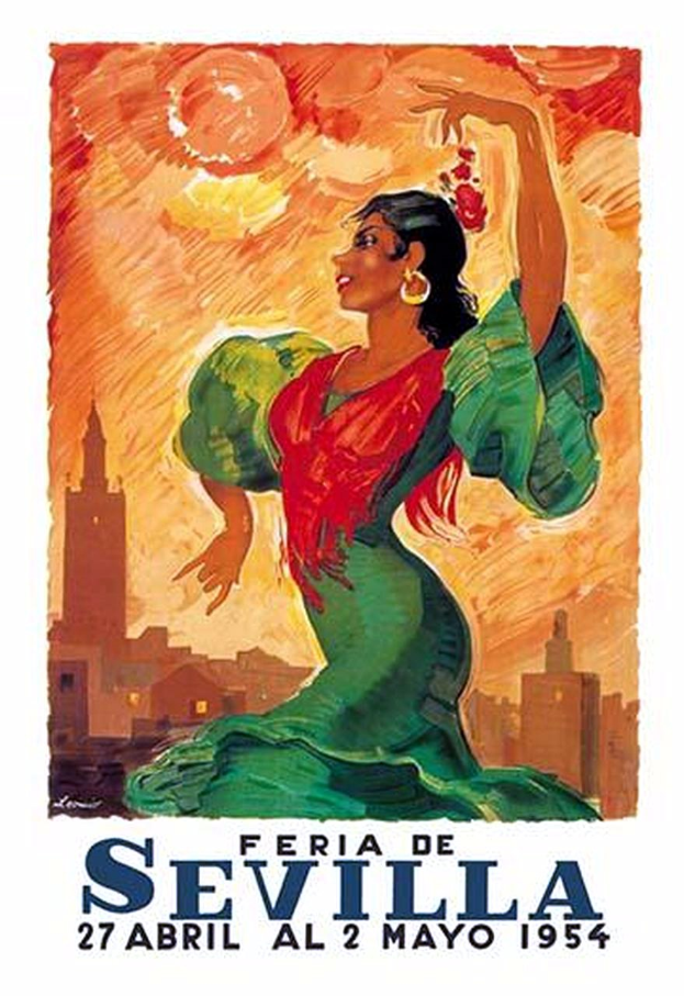 Plakat aus dem Jahr 1954, das die Feria de Sevilla ankündigt und eine Frau in einem roten und grünen Kleid vor einem Hintergrund aus Gebäuden und einem blauen Himmel mit Text zeigt.