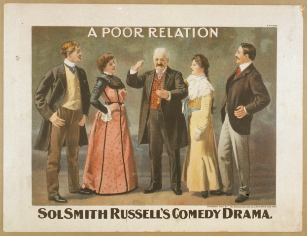 Plakat für "Sol Smith Russells Comedy-Drama: Eine schlechte Beziehung" mit einer Gruppe von lässig gekleideten Menschen verschiedenen Alters und Geschlechts vor einem hellblauen Hintergrund.