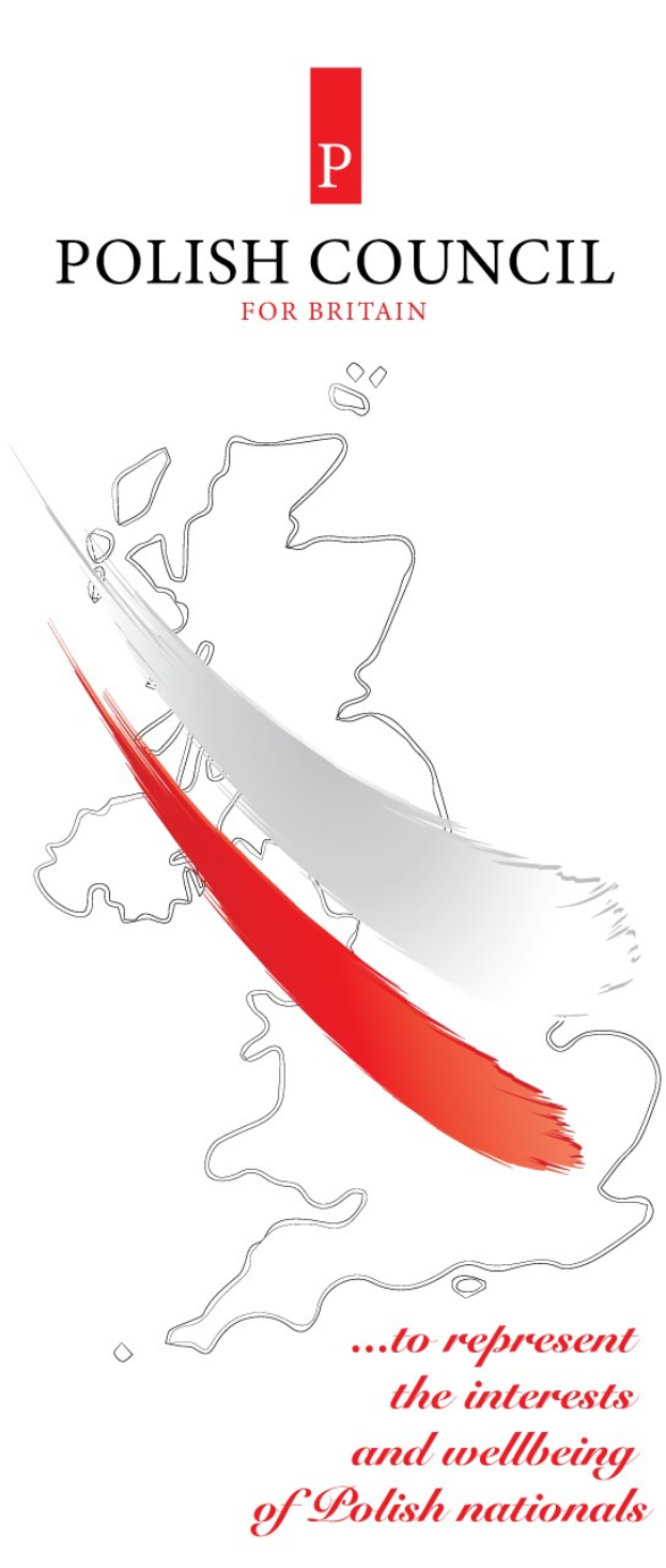 Plakat für den Polnischen Rat für Großbritannien mit einem blauen Schild-Logo mit einem weißen Stern und weißer Umrandung und "Polnischer Rat" in fetter schwarzer Schrift.