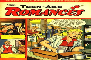 Ein farbenfroher DC-Comics-Plakat titled "Teen-Age Romances 23-A", das eine Gruppe von Menschen in einer fröhlichen, romantischen Umarmung zeigt mit fetter Schrift und bunten Bildern.