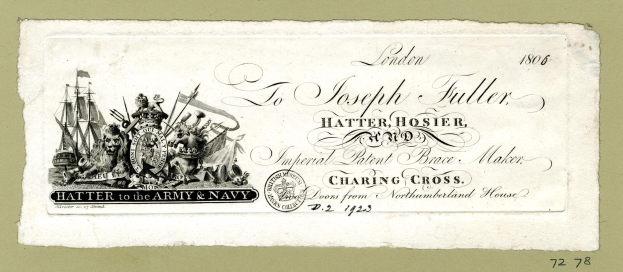 Eine alte Visitenkarte mit einer Schiffsdarstellung, dem Text "Hatter to the Army & Navy" und einem Logo unten.