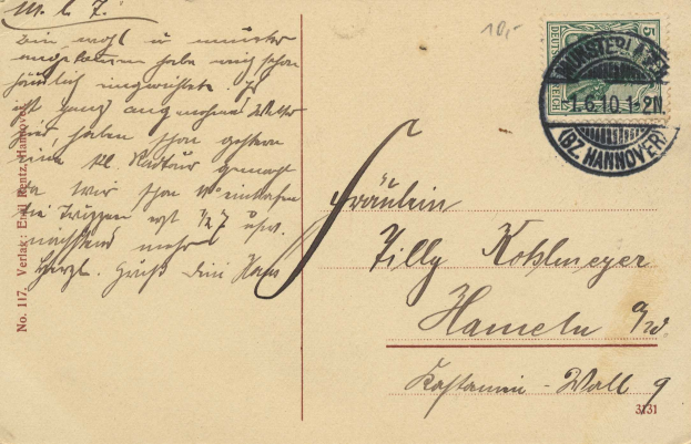 Alte Postkarte mit einer Briefmarke, die "Hannover, Deutschland - Brief nach Hannover - 1d/1d" und handschriftlichen Text trägt und oben rechts abgestempelt ist.