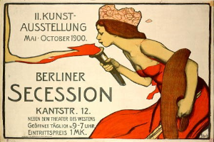 Plakat aus dem Jahr 1900, das eine Berliner Secession ankündigt und eine Frau in rotem Kleid zeigt, die ein Objekt mit Text hält.