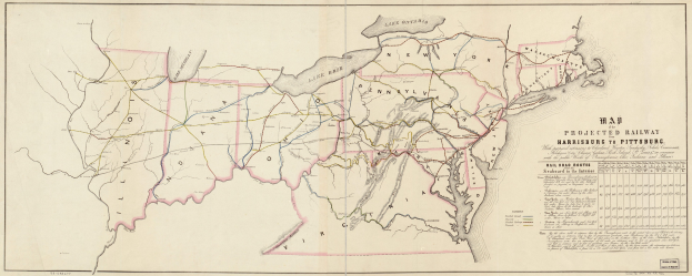 Eine Karte der Vereinigten Staaten, die geplante Eisenbahnrouten von Harrisburg nach Pittsburgh zeigt, mit ausführlichem Text über die Eisenbahnlinien und -routen auf Papier gedruckt.
