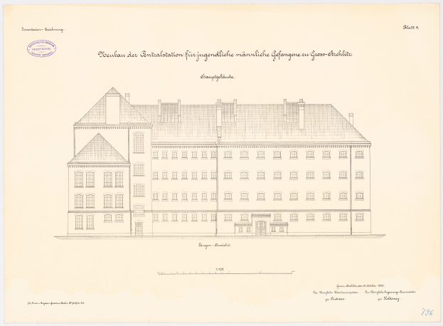 Eine Zeichnung des Universitätsgebäudes der Universität Hamburg mit vielen Fenstern und Text, der das Gebäude beschreibt.