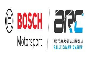Die Logos von Bosch Motorsport und Motorsport Australia Rally Championship sind in der Mitte eines weißen Hintergrunds zu sehen. Die Wörter 'Bosch Motorsport' und 'Australia Rally Championship' sind in fetter schwarzer Schrift darüber geschrieben.