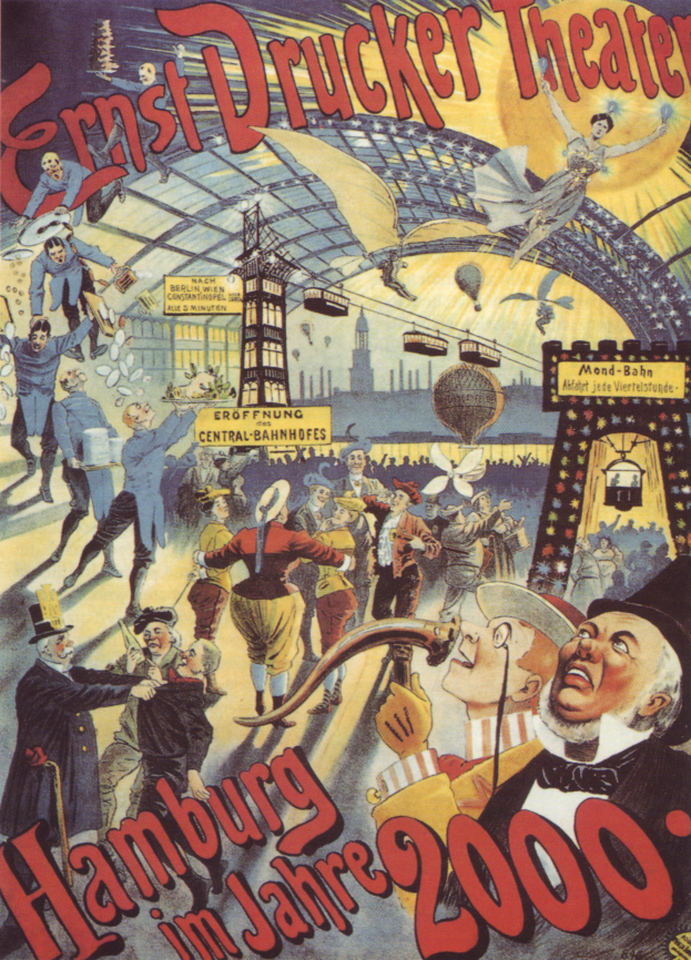 Ein Plakat für das Ernst Drucker Theater in Hamburg, Deutschland, das eine Gruppe von Menschen und den Text 'Hamburg im Jahre 2000' zeigt.