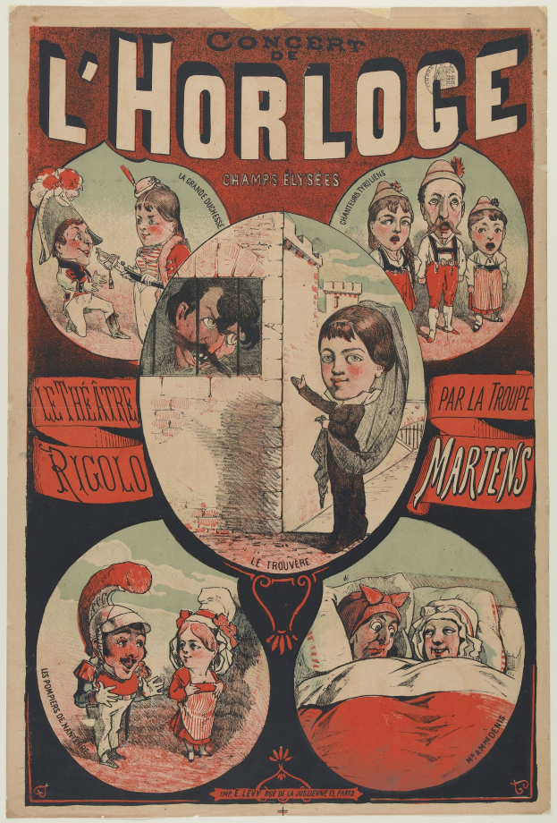 Plakat für ein Konzert im Chorloge-Theater in Paris mit einer Gruppe von Menschen in farbenfrohen Kostümen umgeben von Text.