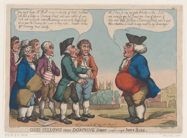 Zeichnung, die eine Gruppe von Menschen vor einem Gebäude, Bäumen und einem Himmel zeigt, mit Text unten, der 'odd fellows from downing street complaining to John Bull' lautet.