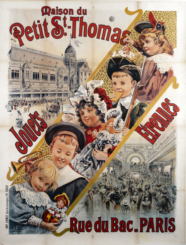 Französisches Reiseplakat für die Pariser Oper, das Kinder zeigt, die vor dem prächtigen Gebäude Musikinstrumente spielen, mit Text, der das Ereignis beschreibt.