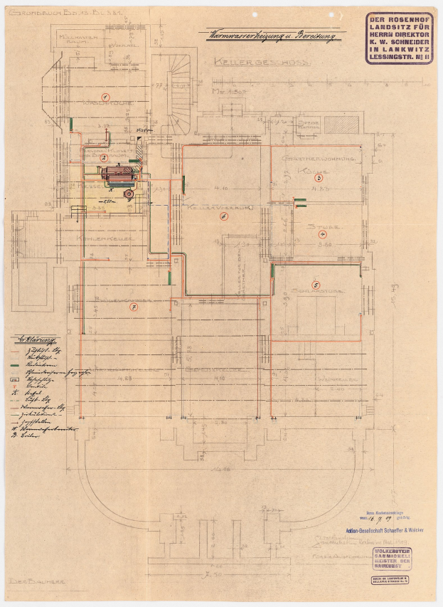 Schwarzes und weißes Architekturzeichnung von Rosenhof-Krankenhaus in Hamburg, Deutschland, zeigt detailliertes Layout mit zahlreichen Drähten und beschrifteten Räumen, Gängen und Merkmale.