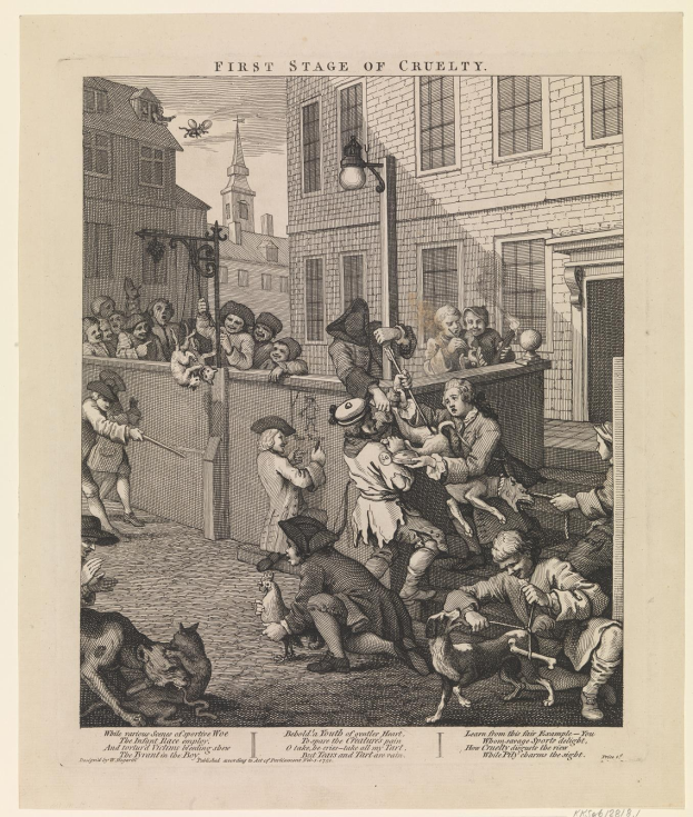 Eine Gruppe von Menschen und Tieren versammelt sich um ein Gebäude mit Fenstern und einem Lichtmast, mit dem Text 'Erste Stufe der Grausamkeit' unten.