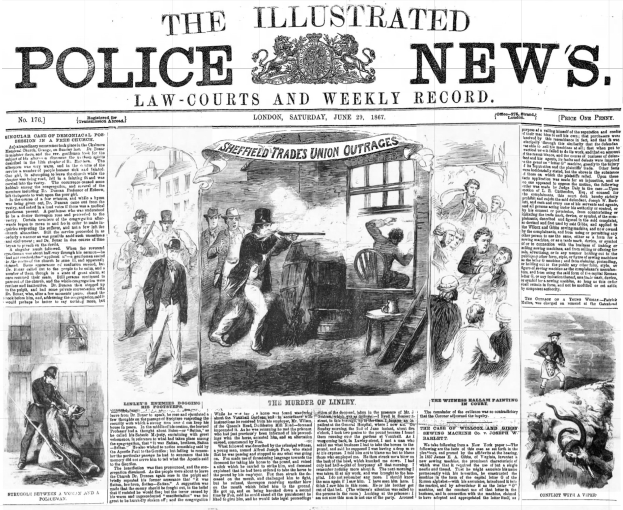 Schwarze und weiße Titelseite der Illustrated Police News von 1867 mit einer zentralen Illustration einer Gruppe von Menschen und der Überschrift "Polizei-Nachrichten" mit einem Logo oben.