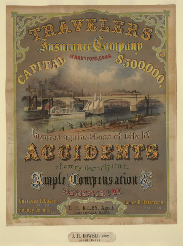 Werbeposter für die Traveler's Insurance Company of Hartford, Connecticut, mit Abbildungen von Booten, einer Brücke und Gebäuden sowie Texten, die Reiseversicherungsdienstleistungen anbieten.