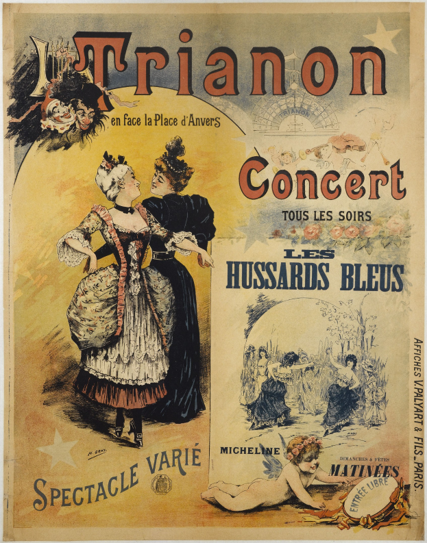 Ein Konzertplakat mit einer Frau in einem langen, hochgeschlossenen Kleid mit Ärmeln und einem Mann in einem Anzug mit verschränkten Armen, beide mit ernsten Gesichtern.