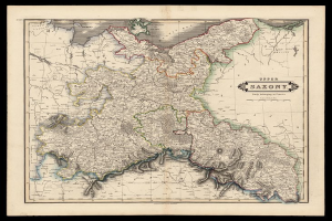 Eine alte Karte von Sachsen, Deutschland, mit einem schwarzen Hintergrund, die Provinzen, Städte und geografische Merkmale detailliert, einschließlich Bevölkerungs- und Stadtinformationen.
