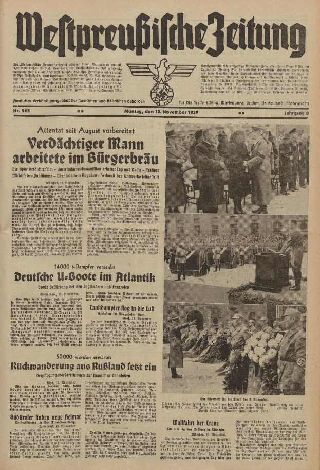 Titelseite einer deutschen Zeitung vom 13. November 1939, betitelt "Weitpreubliche Zeitung", mit einem Gruppenbild von Menschen in traditioneller deutscher Tracht in feierlicher Stimmung.