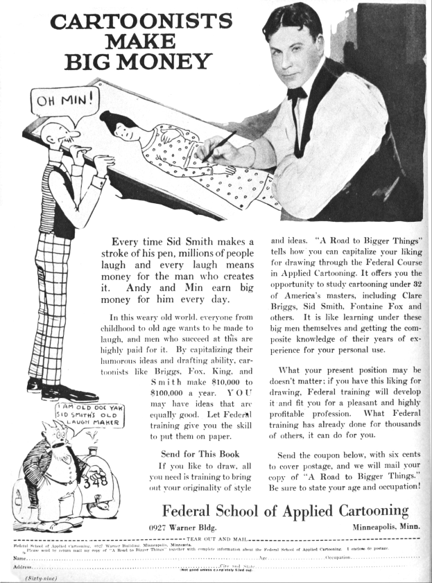 Werbung für die Bundesakademie für Angewandte Karikatur mit einem Mann im Smoking, der zwischen einer Frau im Kleid und einem anderen Mann steht, mit der Aufschrift "Karikaturisten verdienen viel Geld."