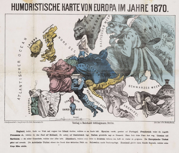 Ein Plakat mit einer Europakarte von 1870, umgeben von Cartoon-Bildern und dem Text 'Humoristische Karte von Europa im Jahre 1870'.