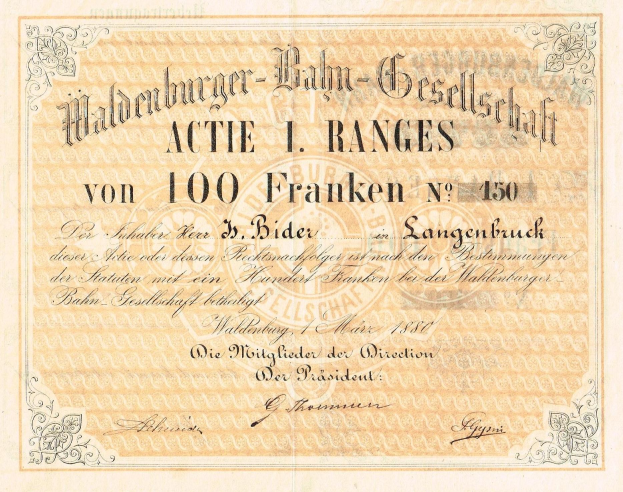 Alte deutsche Banknote mit einem Porträt eines Mannes, mit der Inschrift "Haldenburger-Balm Gesellschaft Actie 1 Ranges".