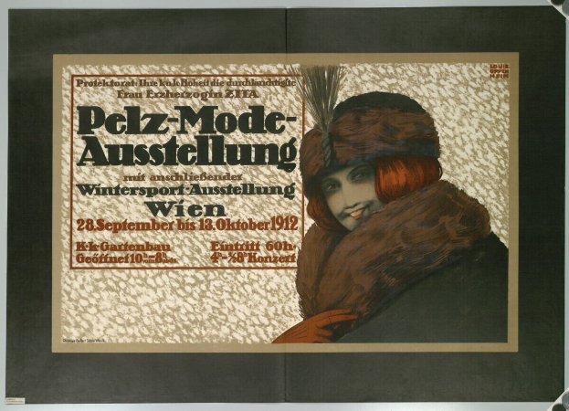 Plakat für ein Wintersport-Event in Wien, Österreich, mit einer lachenden Frau in einem Pelzmantel und Hut, sowie Event-Informationstext.