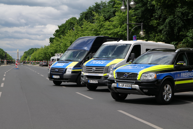 Drei Polizeifahrzeuge auf der Seite einer Straße geparkt, umgeben von Bäumen, Laternenpfählen und einem Turm im Hintergrund unter einem bewölkten Himmel.