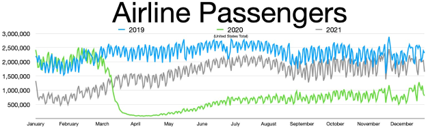 Liniengraph, der die Anzahl der Fluggesellschaften in den Vereinigten Staaten von 2019 bis 2021 zeigt, mit begleitendem erklärendem Text.